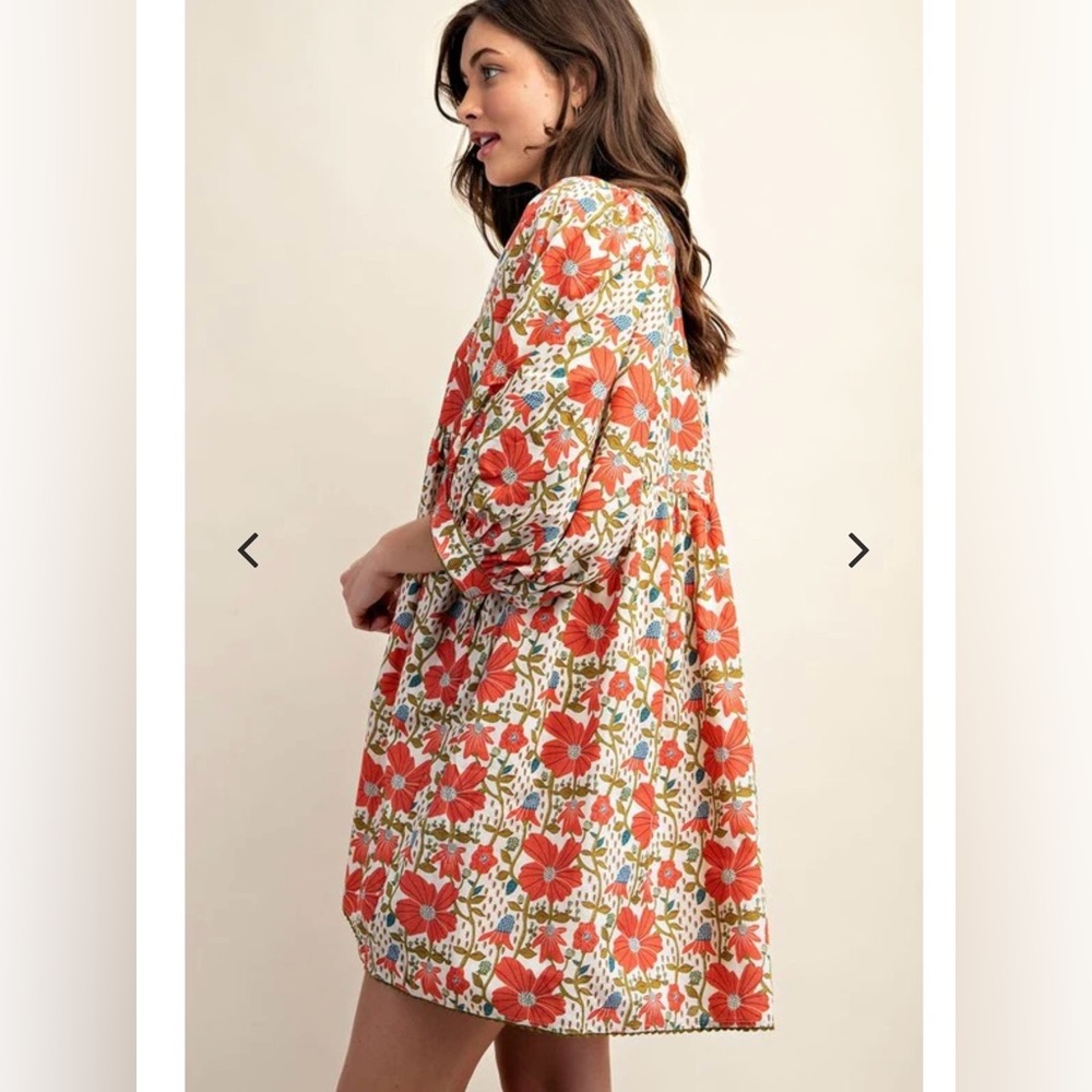 Gigio Coral Red Floral Puff Sleeve Mini Dress, size small - Picture 7 of 7